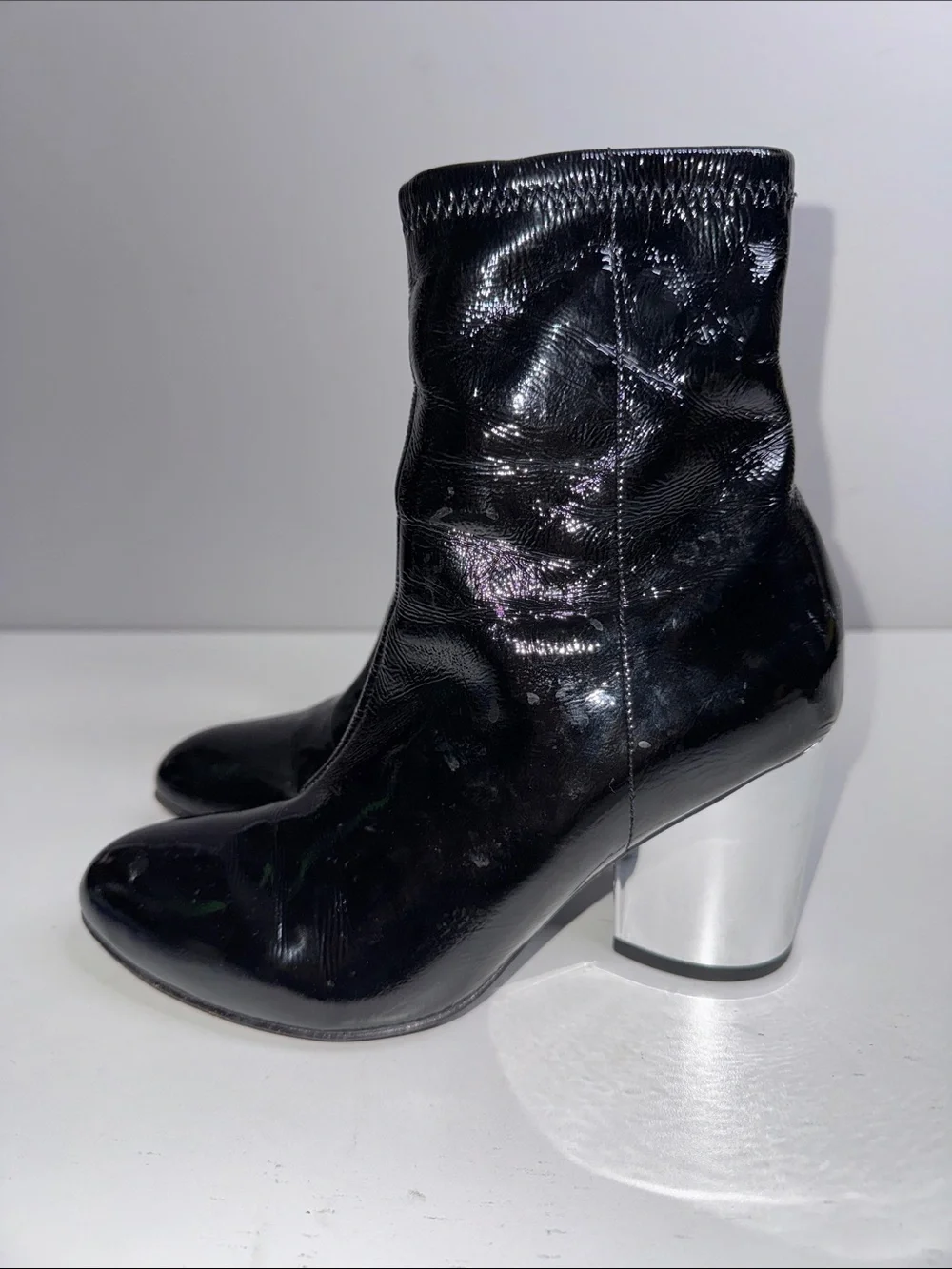 Opening Ceremony Black Patent Leather Ankle Boots with Silver Block Heels